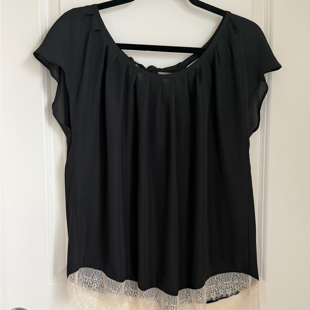 LC Lauren Conrad Black Short Sleeve Blouse with Cream Lace Trim